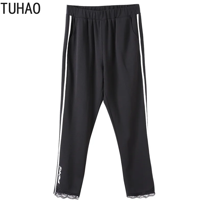 TUHAO, большие размеры, 10XL, 8XL, 6XL, женские повседневные штаны с эластичной резинкой на талии, женские осенние и зимние черные брюки для активного отдыха, кружевные штаны, WM24