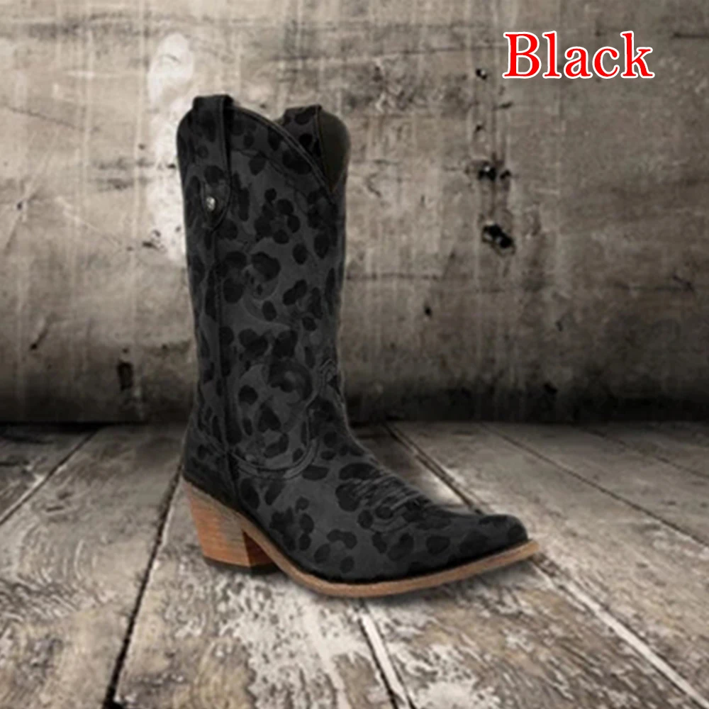 black CYSINCOS/; женские ковбойские ботинки; ковбойские ботильоны в западном стиле; кожаная леопардовая обувь с острым носком; женские Ботинки на каблуке; сезон осень - Color: black