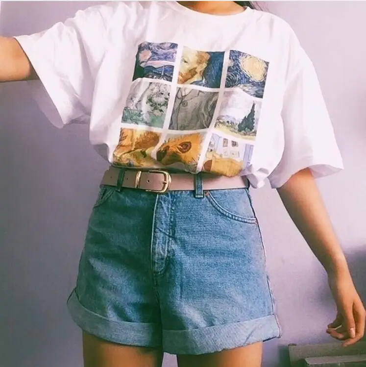 

Fashion Woman Tshirt Van Gogh Painting Aesthetic T-shirt Femme Short Sleeve Sunflower Shirts Harajuku Cotton Tops Dropshipping
