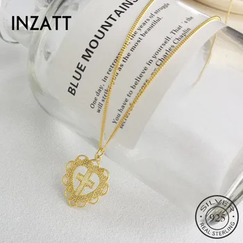 

INZATT Real 925 Sterling Silver Lace Hollow Cross Choker Necklace For Fashion Women party Fine Jewelry cute Accessories