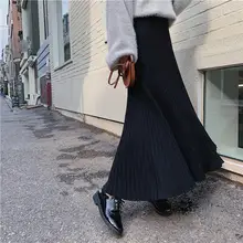Женские зимние длинные юбки с высокой талией имперский Высокая талия сплошной цвет Сплит плиссированная юбка женская теплая макси вязаная юбка
