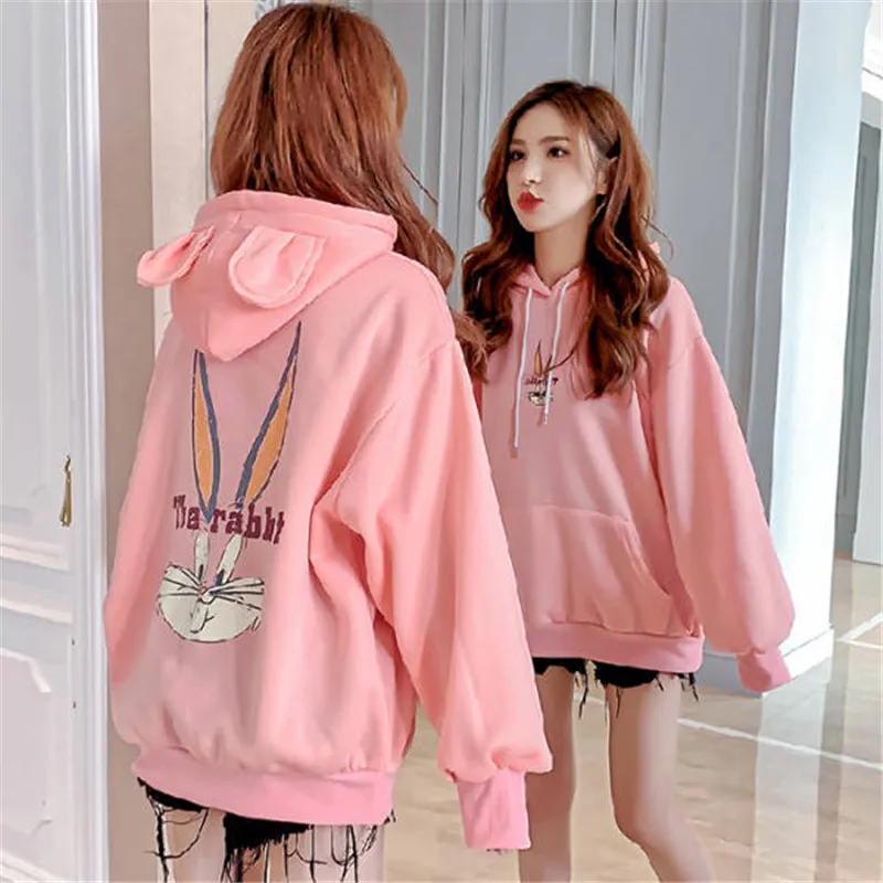 Women Hoodies Cute Rabbit Print Autumn Winter Oversized Hoodie Coat Women Pullover Outerwear Sweatshirt Kawaii Japan Hoodie Girl