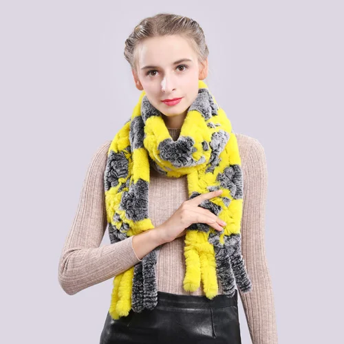 gray and yellow Длинный стильный женский зимний настоящий шарф из меха кролика рекс натуральный шарф из меха кролика рекс s брендовый вязаный шарф из меха кролика рекс - Цвет: gray and yellow