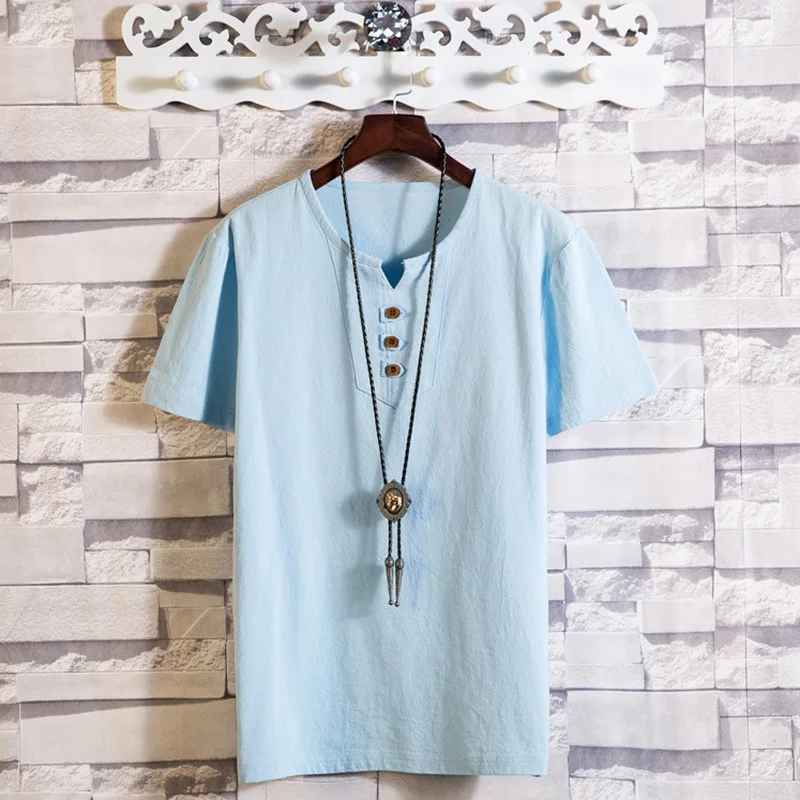 

EBay Wish 2019 Summer Men Japanese-style Flax Thin T-shirt Large Size Short Sleeve T-shirt
