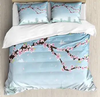 

Flower Landscapes Duvet Cover Set Japanese Cherry Blossom Branches 3 Piece Bedding Set Pale Blue Pale Seafoam Dark Taupe
