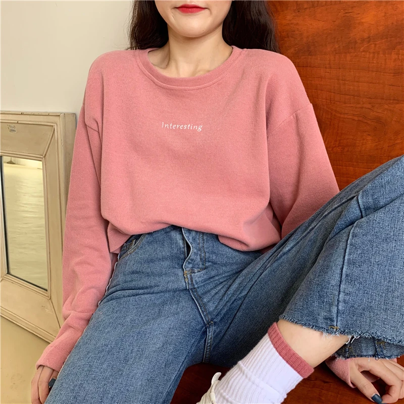 long sleeve T-Shirts knitted embroidery letter o-neck crop top moda feminina bf new Women's Clothing Tees causal style fall