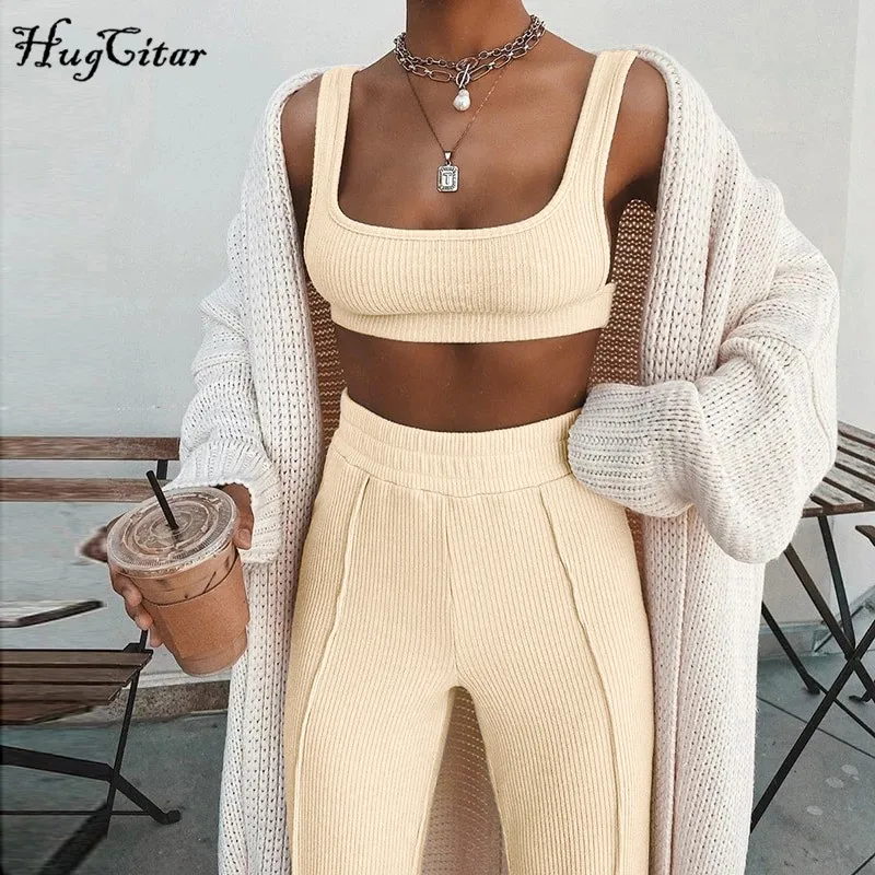 Hugcitar 2020 Sleeveless Square Collar Sexy Crop Top Leggings 2 Pieces Set Summer Women Fashion Streetwear Outfits Tracksuit