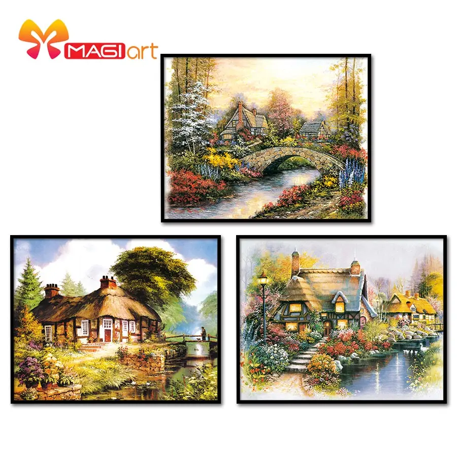 

Cross stitch kits Embroidery needlework sets 11CT water soluble canvas patterns 14CT Landscape painting Fairy Tale Cabin-NCMS029