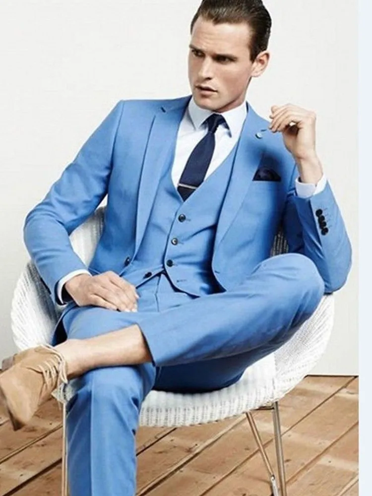 Мужские костюмы Синие мужские свадебные костюмы костюм для шафера Slim Fit 3 шт жениха смокинги