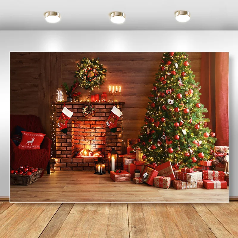 

Christmas Backdrops for Photography Fireplace Christmas Tree Decor Background Gift Box Photocall Background Photo Studio