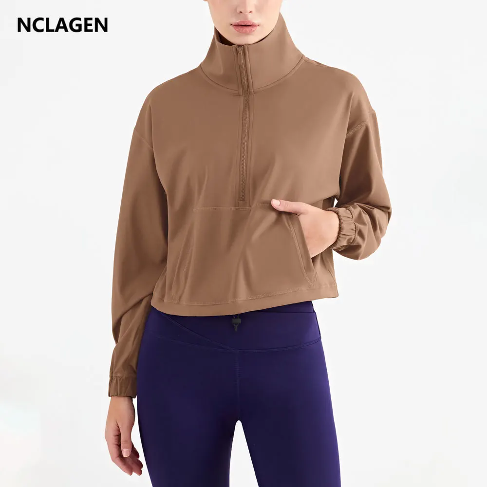 

NCLAGEN Sports Top Women Zipper Long Sleeve Running Jacket Autumn Winter Yoga Clothes High Neck Fitness Loose Leisure Blouse