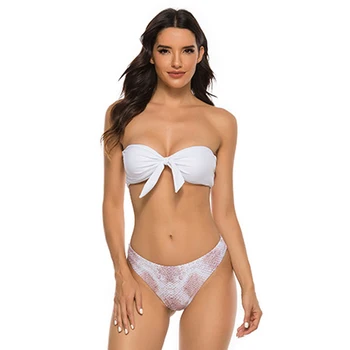 

Sexy Knotted Swimsuit Female Push Up Bikini 2020 Bandeau Bathing Suit Neon Green Bikini White Swimwear Women Summer Bathers New