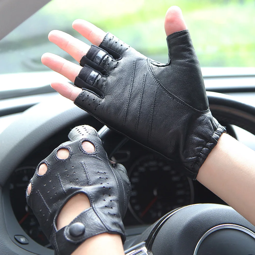 Real Leather Gloves Male Summer Thin Driving Fingerless Breathable