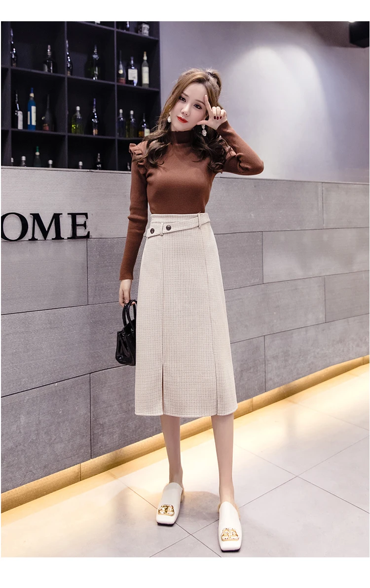 Winter New Midi Plaid Woolen Skirts Women Fashion A-Line Skirts Ladies Streetwear Plus Size High Waist skirt