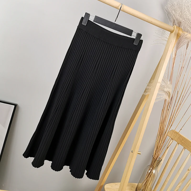 Осенняя и зимняя новая трикотажная Женская юбка в длинном разрезе с высокой талией, кашемировая Толстая шерстяная плиссированная юбка - Цвет: black