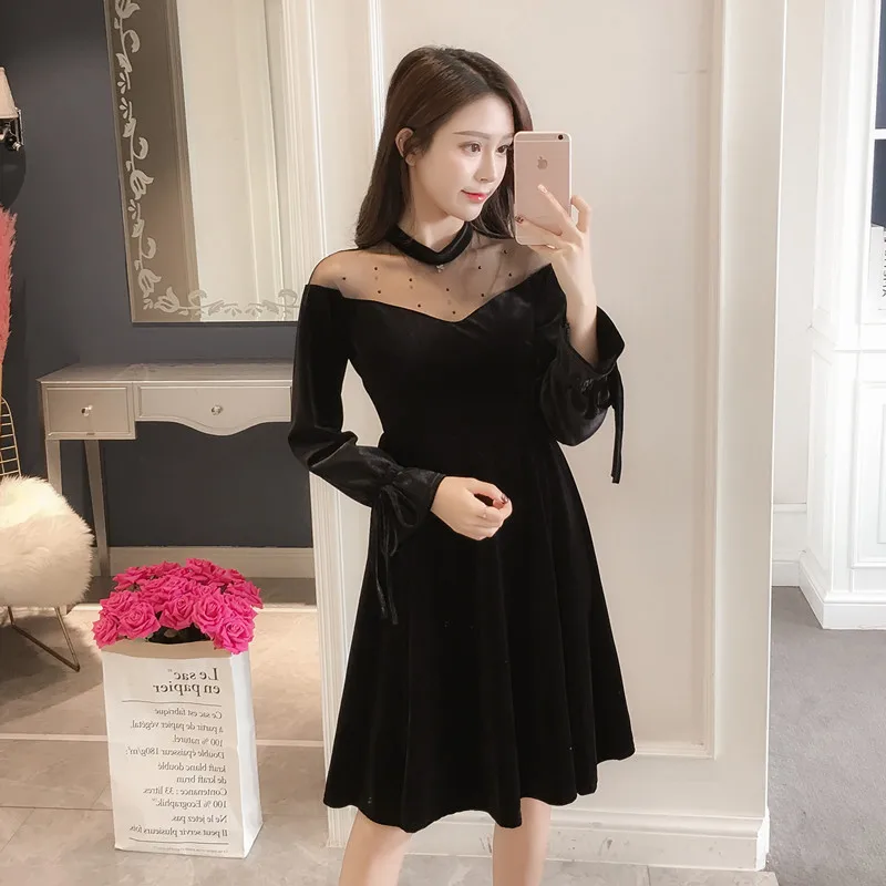 

2019 Autumn And Winter New Style Korean-style Fat Mm Mid-length Velvet off-Shoulder Black And White with Pattern Sexy Mesh Dress