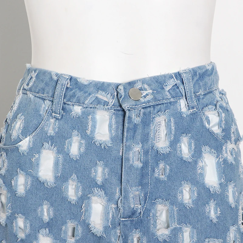 TWOTWINSTYLE Hole Hollow Out tassel Denim Trousers Women High Waist Streetwear straight slim Pants 2020 Summer Fashion New