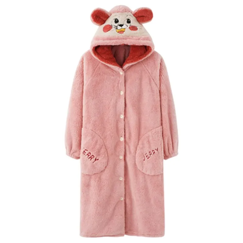 New Robe Autumn And Winter Pajamas Female Coral Velvet Thickened Warm Korean Home Wear Flannel Long Nightgown Student Doll Hood