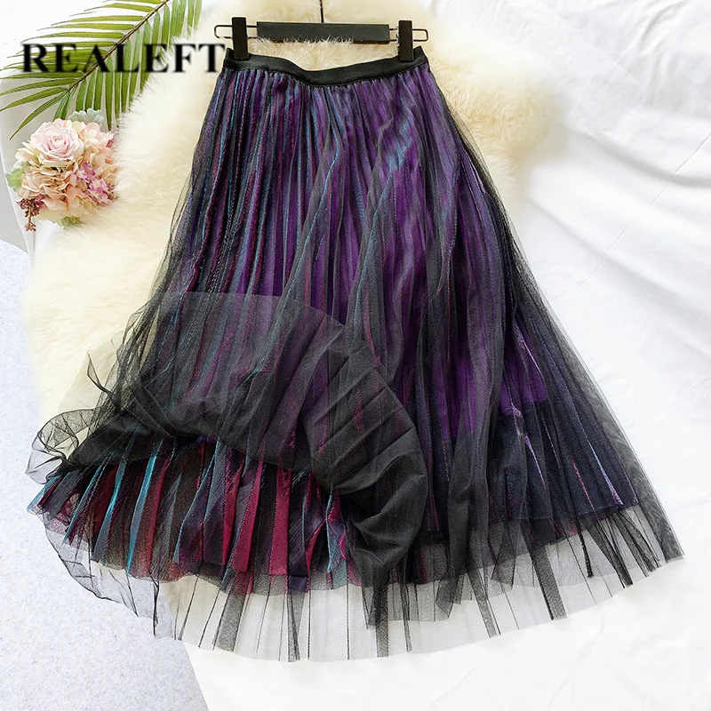 REALEFT Autumn Mesh Bling Bling Party Pleated Long Skirts Patchwork Vintage High Waist Harajuku Tulle Skirts New Purple