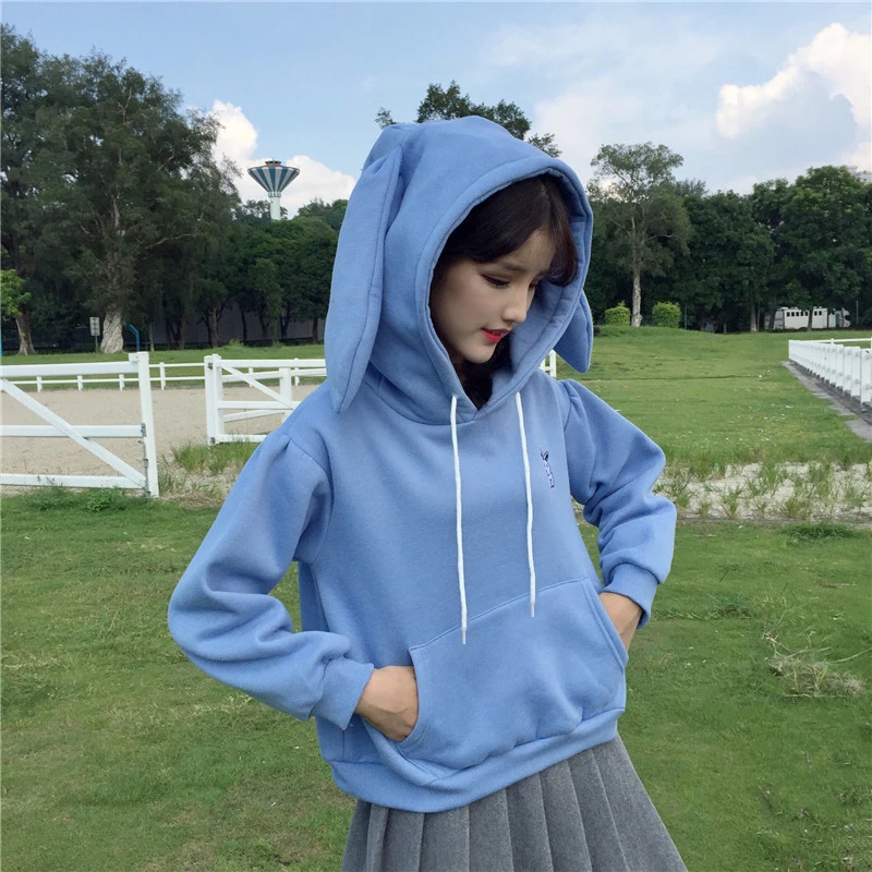 Толстовки с заячьими ушками Sudadera Kawaii Толстовка Женская Белая теплая розовая толстовка с передним пуловеры с карманом Японская уличная