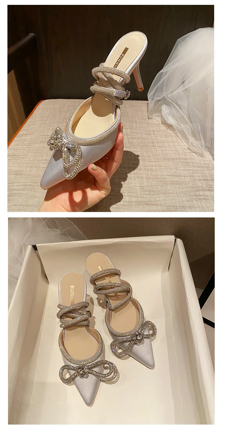 Fashion Style Glitter Rhinestones Women Pumps Crystal Bow 8 Cm Summer Lady Shoes Genuine Leather High Heels Party Prom Shoes