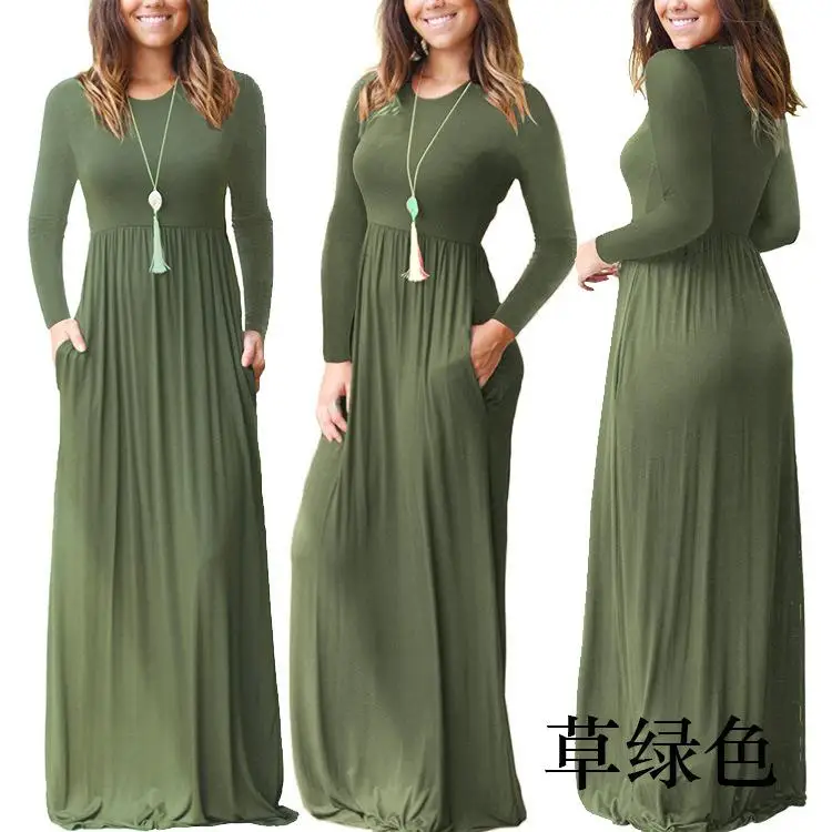 Осень, новинка, женское свободное большое свободное платье с круглым вырезом, одноцветное, большой размер, S-3XL, длинное - Цвет: Grass green