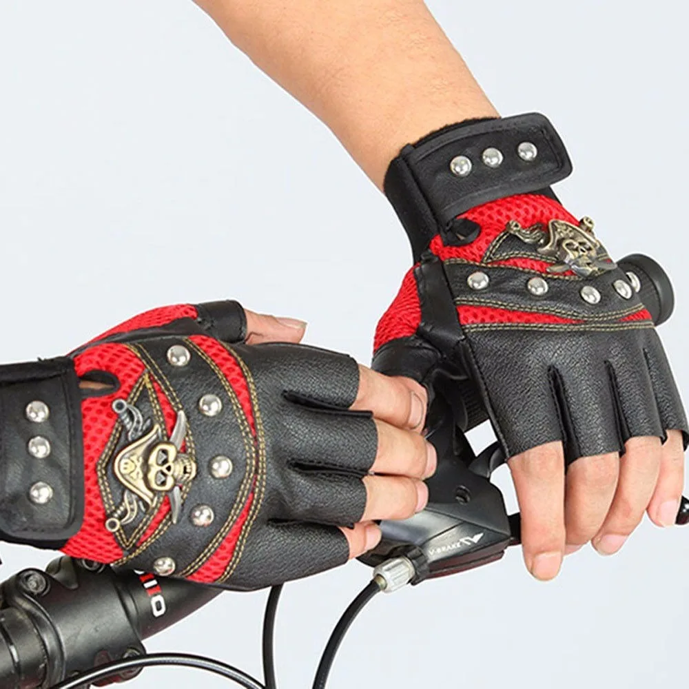 Unisex PU Leather Skull Punk Driving Motorcycle Biker Fingerless Gloves Cool 