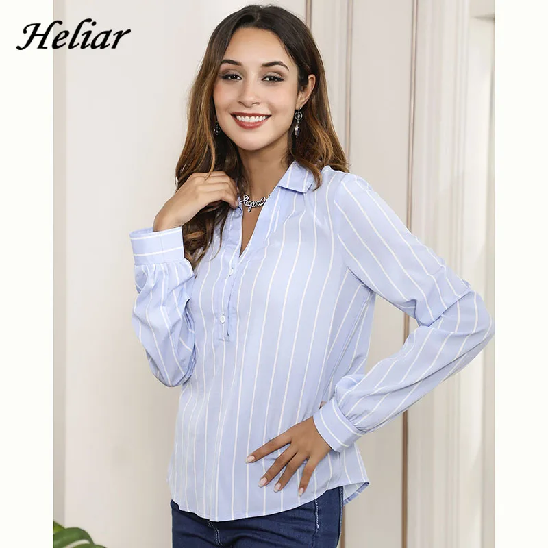 

Heliar Blue V-NECK OL Buttoned Up Striped Shirt 2019 Fall Office Lady Shirt Long Sleeve V-Neck Tops Women Shirt Autumn Clothes