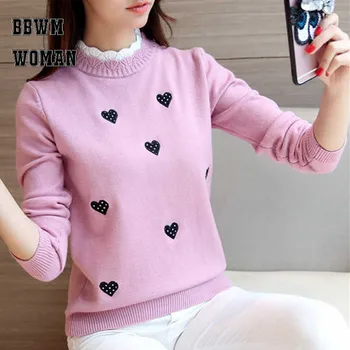 

Korean Embroidery Loose Sweaters Winter New Lovely Heart Pink Long Sleeve Sweater Stretchy Bottoming Tops ZO864