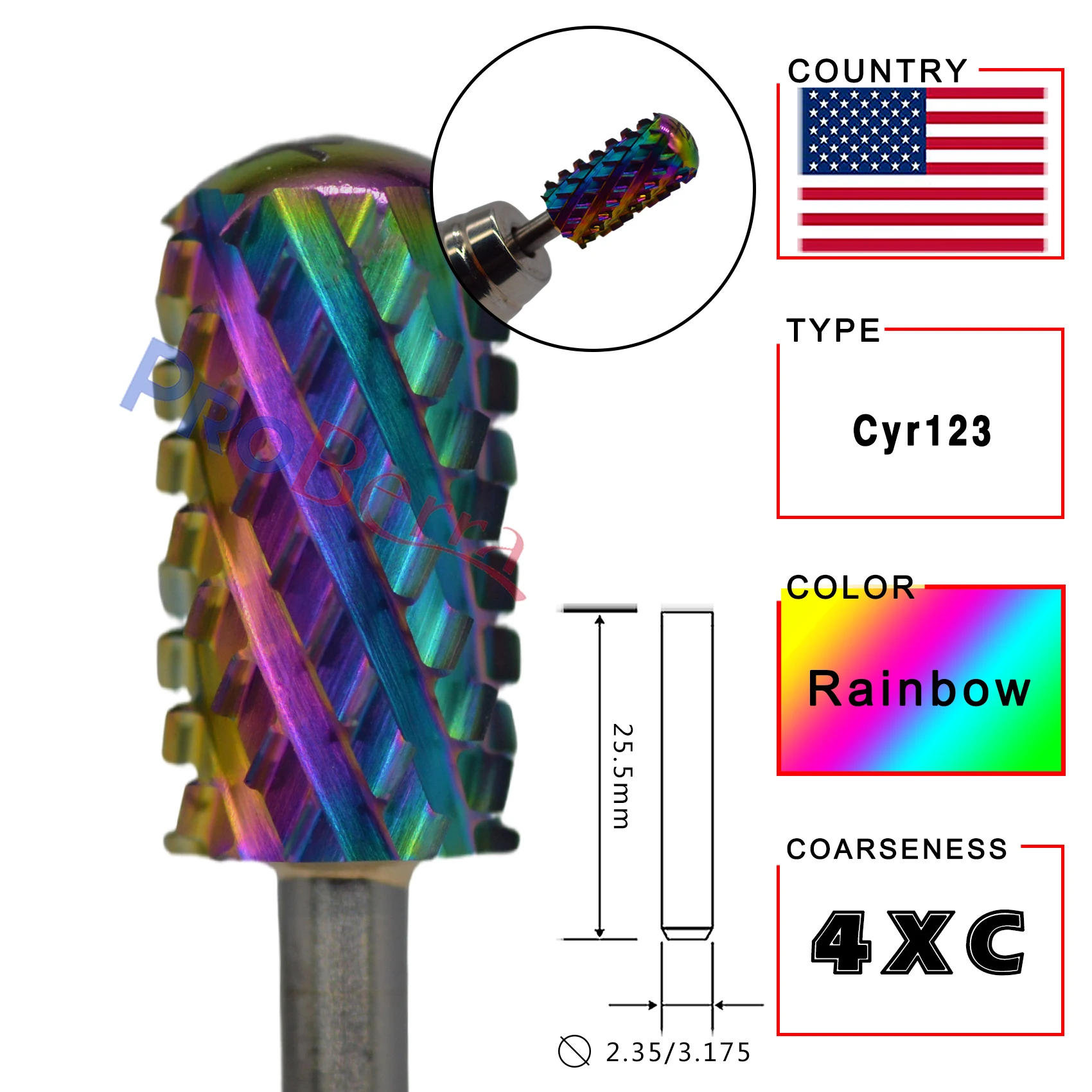 RolinStar 6.6 Large Barrel 4XC Gold Silver Dark Purple Blue Rainbow Rose gold 7 different color nail drill bits milling 6