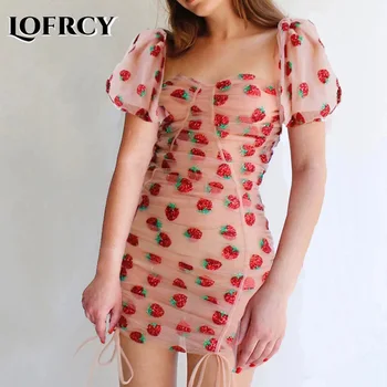 

Lofrcy Runway Vogue Glitter Sequined Strawberry Mini Party Dress Chic Petal Sleeve Mesh String Ruched Celebrity Short Dress Robe