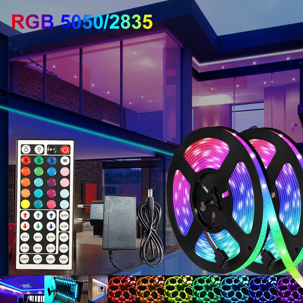 LED Strip Light 5050 2835 Flexible Ribbo RGB 5M 10M 15M fita led light strip Tape Diode DC 12V+ Remote Control +Adapter | Лампы и