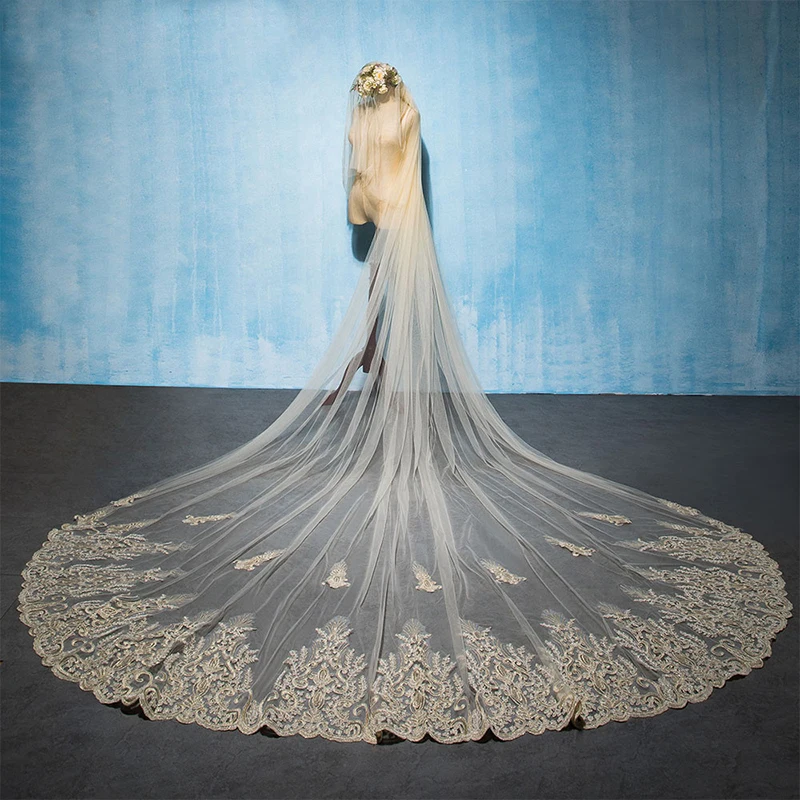 

2019 Luxury Lace Appliqued Wedding Veil Long 3*3M Cathedra Bridal Veil Champange One Layer