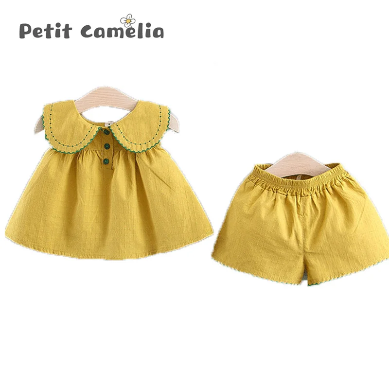

Newborn Baby Girls Clothes Sleeveless Vest Shorts Yellow Dress Doll Collar 2 Piece Set Summer Kids Children Girl Home Clothing