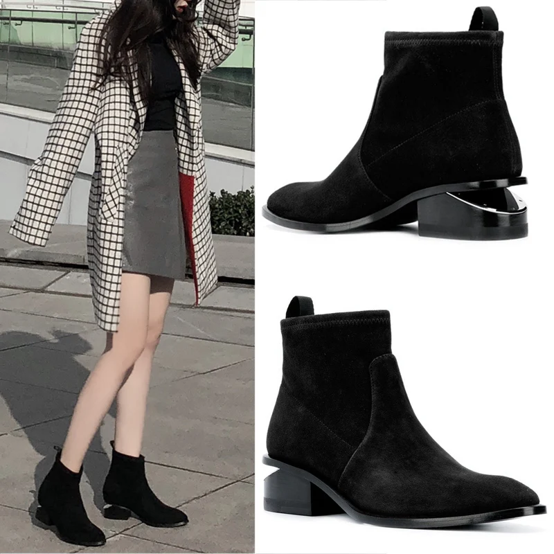 

Womens Pointed Toe Ankle Boots Genuine Cow Suede Leather Chelsea Metal Sheet Cut Out Chunky Heel Black New Fashion