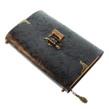 Embossed Pattern Soft Leather Travel Notebook with Lock and Key Diary Notepad Kraft Paper for Business Sketching Writing