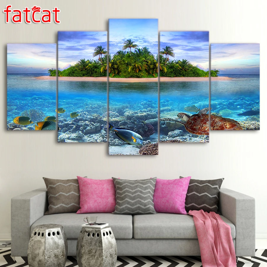 FATCAT 5 Pieces Marine Life Tropical Island Sea Turtle Fish Palm Trees Diy Diamond Painting Full Embroidery Sale AE960 | Дом и сад