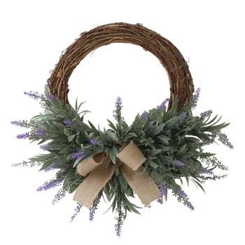 

Artificial Lavender Flower Wreath Rattan Garland With Bow-Knot Ornament Front Door Window Wall Hanging Pendant