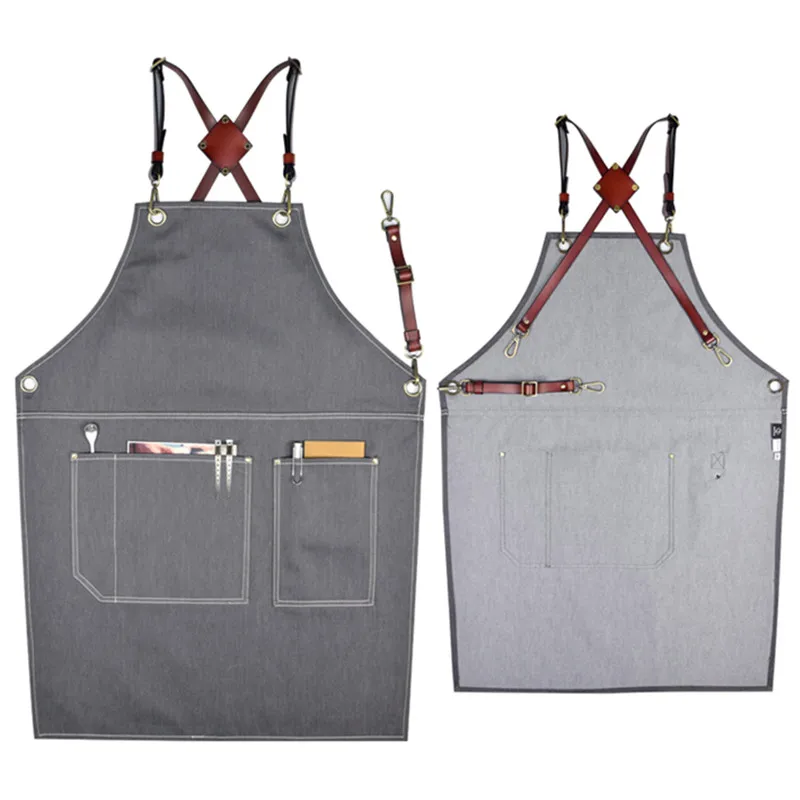 

Gray Denim Apron Cowhide Leather Strap Barber Hairdresser Florist Manicure Work Wear Barista Bartender Pastry Chef Uniform E40