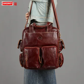

Genuine Leather Handbag Women Briefcase Laptop Shoulder Messenger Bags Female Retro Large Capacity Multi-pocket Bag Real Cowhide