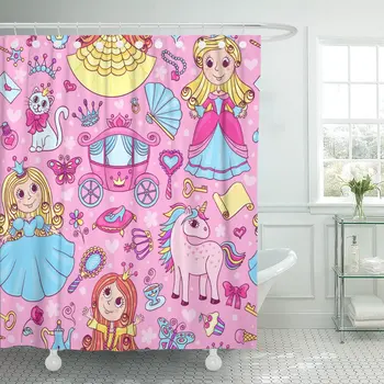 

Pink Princess Three Cute Little Princesses Cartoon Pattern Unicorn Shower Curtain Waterproof 60 x 72 Inches Set with Hooks