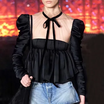 

Women Summer Sexy See Through Mesh Patchwork Pleated Blouse Top Short Design Shirt Top