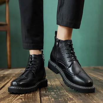 

mens casual party banquet dress ankle boots carving brogue cow leather shoes bullock shoe lace-up platform boot botas masculinas