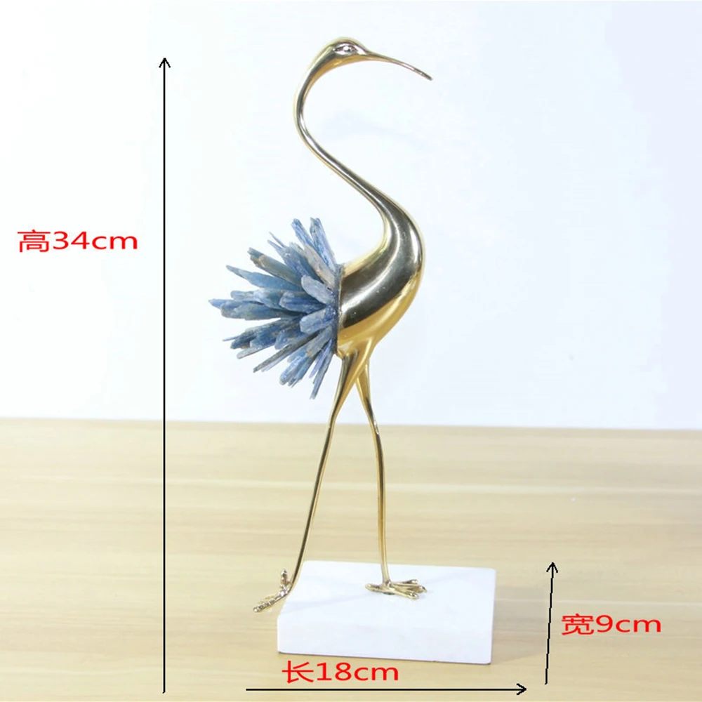 Natural Quartz Crystal Wand Point Copper Crane Figurine Light Luxury Home Metal Ornaments Healing Crystal Stone Home Decoration