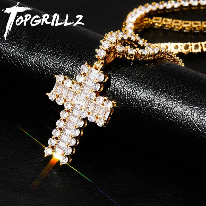 TOPGRILLZ мини багет вымощенный нательный крест на цепочке Золото Серебро Медь Материал льдом Подвески с фианитом ожерелье хип хоп ювелирные изделия