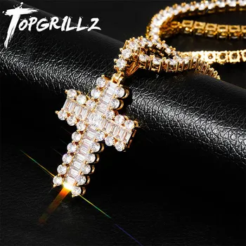 

TOPGRILLZ Mini Baguette Paved Cross Pendant Chain Gold Silver Color Copper Material Iced Out Pendants Necklace Hip Hop Jewelry