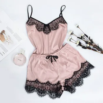 

Pink Sexy Sleepwear Winter Pajamas For Women V Neck Lace Satin Silk Cami And Shorts Spaghetti Strap Pajama Set