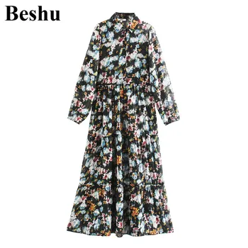 

za 2019 fashion long dress women chiffon floral print lapel single-breasted draped dress elastic cuff high waist vintage vestido