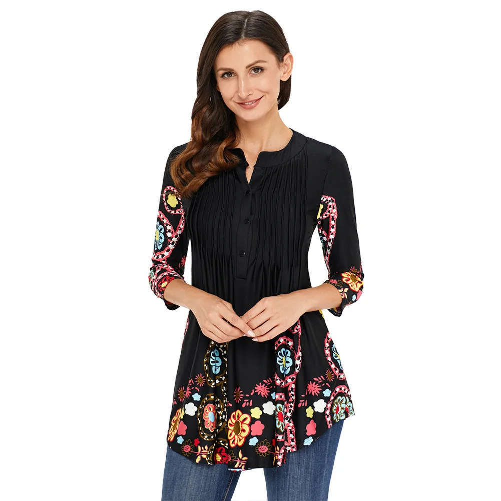 

NXH Large-Size Printed T-shirt Long Seven-Sleeve Round-Collar Folded Women's Top European American Women's Wear