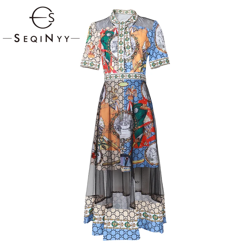 

SEQINYY Vintage Dress 2020 Summer Spring New Fashion Design Short Sleeve Mesh Letter Printed Midi Dress Women